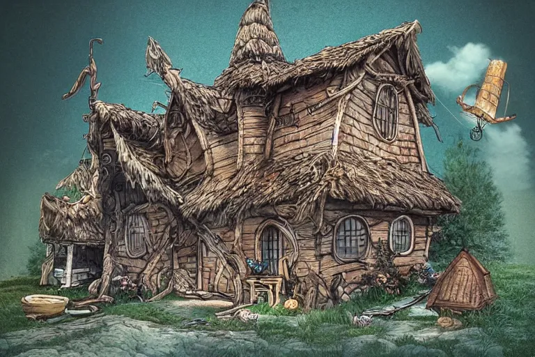 Prompt: a hyperrealistic fantasy illustration of Baba-Yaga's house