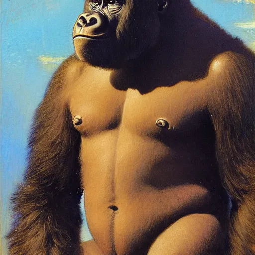 Image similar to highley detailed potrait of a gorilla, painting by gaston bussiere, craig mullins, j. c. leyendecker, lights, art by ernst haeckel, john william godward, hammershøi,