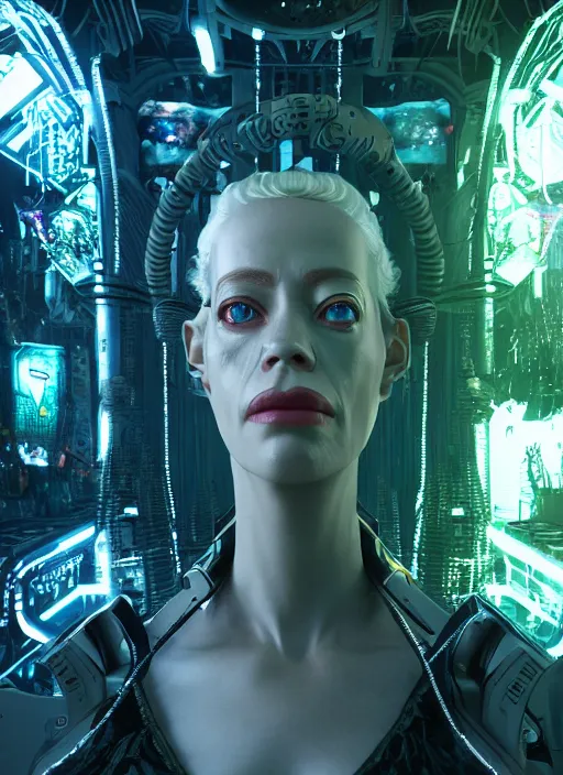 Image similar to 35mm portrait of a 7 of 9 borg with eye implant, on the background of a weird magical mechanical forest. Round gears visible inside her hear. Very detailed 8k. Fantasy cyberpunk horror. Sharp. Unreal 5 render with nanite, global illumination and path tracing. Cinematic post-processing