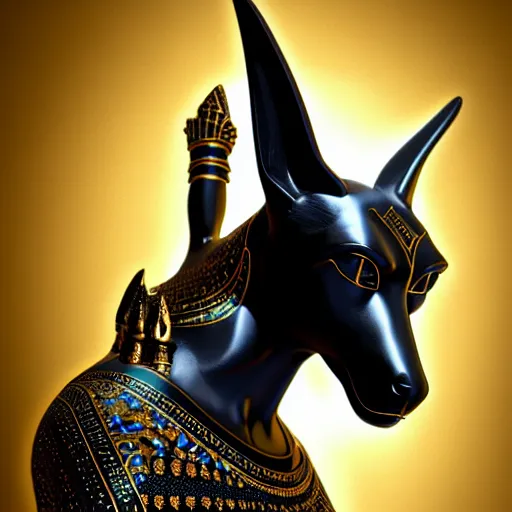 Image similar to a statue of anubis made of black ebony, decorated with gold and enamel,, elegant, epic, detailed, intricate, digital painting, concept art, studio photo, realistic detailed, smooth, focus, rim light