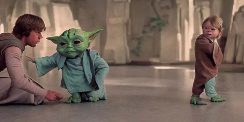 Image similar to screenshot of Luke Skywalker teaching baby yoda Grogu in a Jedi Temple, 1970s thriller by Stanely Kubrick film, color kodak, ektochrome, anamorphic lenses, detailed faces, moody cinematography