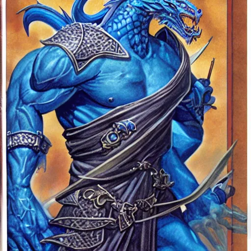 Prompt: half length portrait of a medieval d & d fantasy anthropomorphic blue dragon - human hybrid sorcerer, d & d rulebook cover art by jeff easley