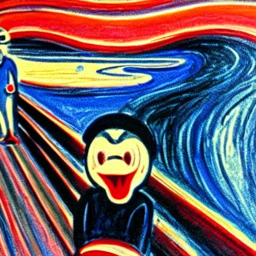 Image similar to Donald Duck as the subject of The Scream by Edvard Munch, museum quality painting