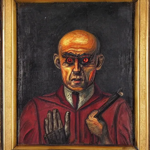 Image similar to portrait of alexander abdulov, with a red eyes, satanic body, head of old man, hands with blood of sinners