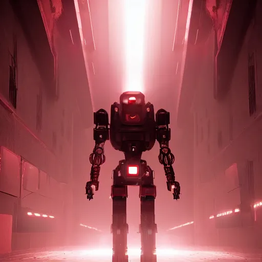 Image similar to a war robot who's sole purpose is to destroy humanity. red glowing eye, trending on art station, fine detail, sci - fi, high detail, hyper realism, dark hallway, unreal engine, 3 d render