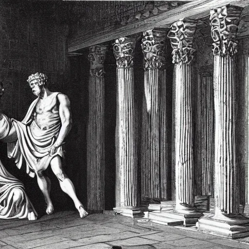 Prompt: caesar being killed by brutus on senate floor, surreal, roman architecture, roman dress style.