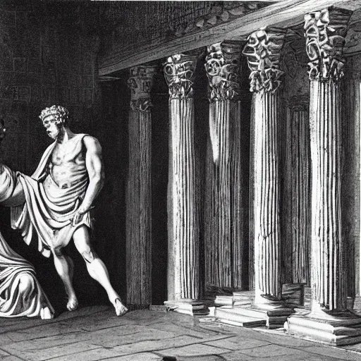 Image similar to caesar being killed by brutus on senate floor, surreal, roman architecture, roman dress style.