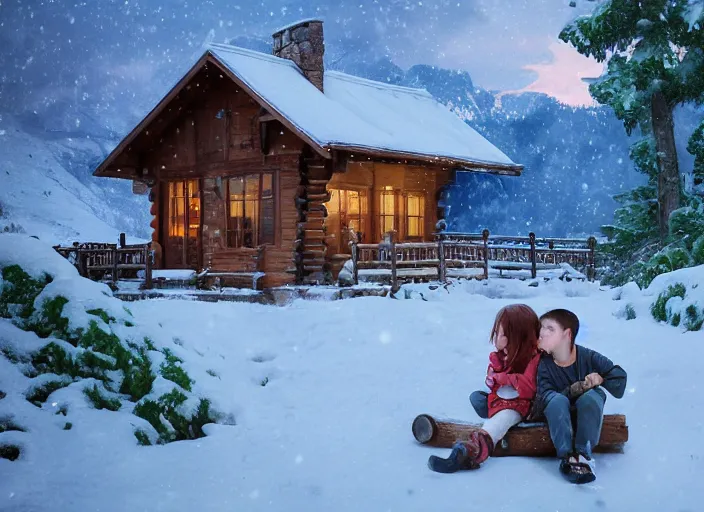 Image similar to a boy and a girl with long flowing auburn hair sitting together on the porch of a cabin on a mountain overlooking a snowy landscape. Atmospheric lighting, romantic, boy and girl, cold lighting, snowy. By Makoto Shinkai, Stanley Artgerm Lau, WLOP, Rossdraws, James Jean, Andrei Riabovitchev, Marc Simonetti, krenz cushart, Sakimichan, D&D trending on ArtStation, digital art.