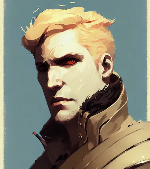 Image similar to portrait of cullen from dragon age with golden eyes by atey ghailan, by greg rutkowski, by greg tocchini, by james gilleard, by joe fenton, by kaethe butcher, dynamic lighting, gradient light blue, brown, blonde cream and white color scheme, grunge aesthetic