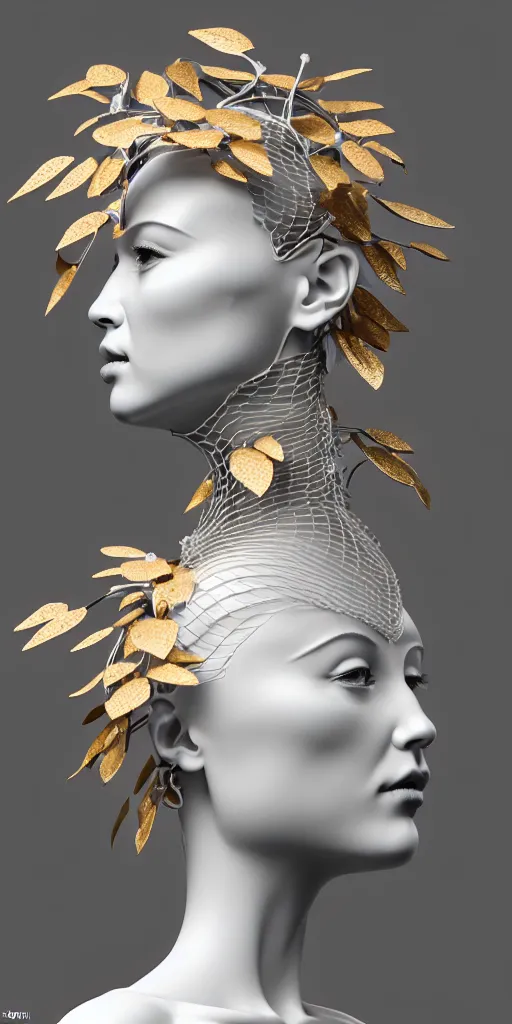 Image similar to complex 3d render ultra detailed of a beautiful porcelain profile woman face, mechanical vegetal cyborg, robotic parts, 150 mm, beautiful studio soft light, 3 point lighting, spot light, rim light, silver gold red details, luxurious, high tech gadget, cyberpunk, magnolia big filigran leaves and stems, roots, Alexander Mcqueen haute couture, fine foliage lace, mesh wire, filigran metallic intricate details, hyperrealistic, mandelbrot fractal, anatomical, silver metal armor, facial muscles, cable electric wires, microchip, elegant, white background, beautiful white teeth, octane render, H.R. Giger style, 8k