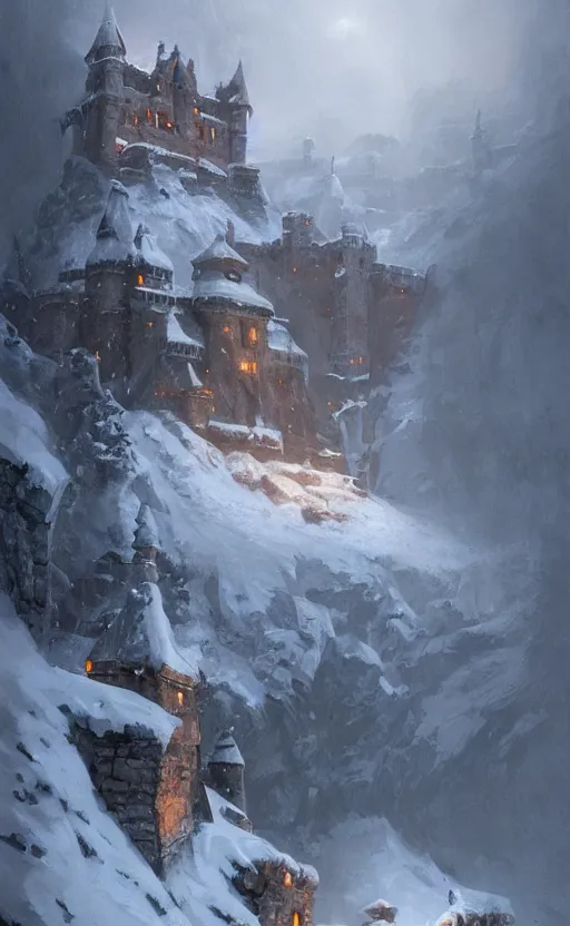 Image similar to a painting of a castle in the middle of a snowy mountain, a detailed matte painting by andreas rocha and greg rutkowski, featured on artstation, fantasy art, matte drawing, matte painting, artstation hq