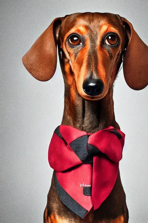 Prompt: headshot an anthropomorphized dachshund : : the dachshund looks like saul goodman : : the dachshund wearing a flashy tie and colourful jacket : : studio lighting