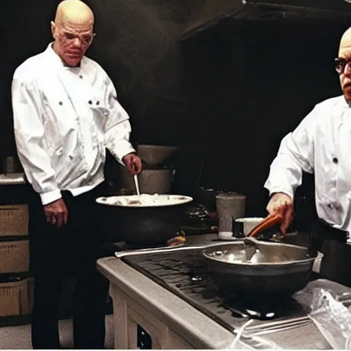 Image similar to “Very photorealistic screenshot of Joe Biden and Walter White cooking drugs in an episode of Breaking Bad, atmospheric lighting, award-winning”