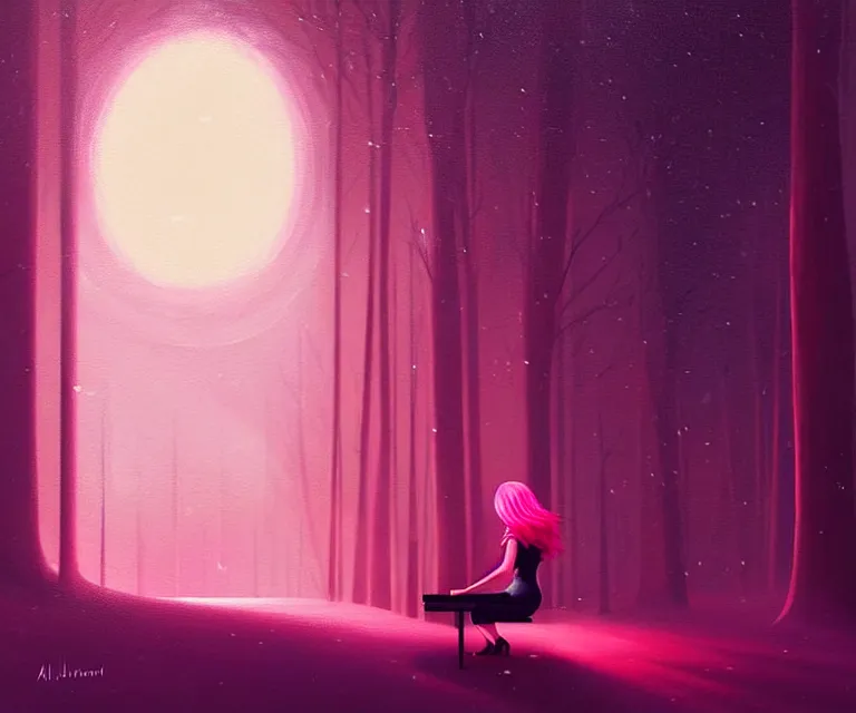 Image similar to a painting of a beautiful face gothic girl, pink hair in a stunning red dress playing a piano in the dark snowy forestby randolph stanley hewton and alena aenami, cg society contest winner, retrofuturism, matte painting