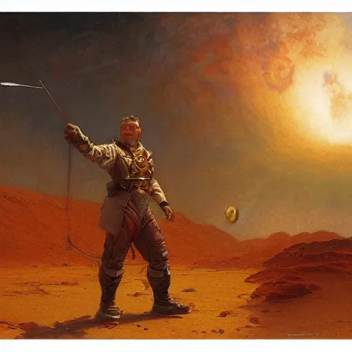 Prompt: handsome man adventurer standing on mars, epic scale, artstation, vast, oil painting, gaston bussiere, mucha, gerome,