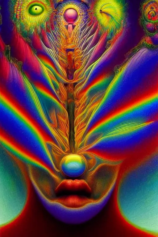 Image similar to hyperrealistic abstract close-up Renaissance psychedelic!! celestial happy! pure creature!! peaceful! kind spirit of nature! beautiful fractal!! eyes! highly detailed concept art eric zener elson peter cinematic hard rainbow lighting high angle hd 8k sharp shallow depth of field endless, inspired by Zdzisław Beksiński Salvador Dali