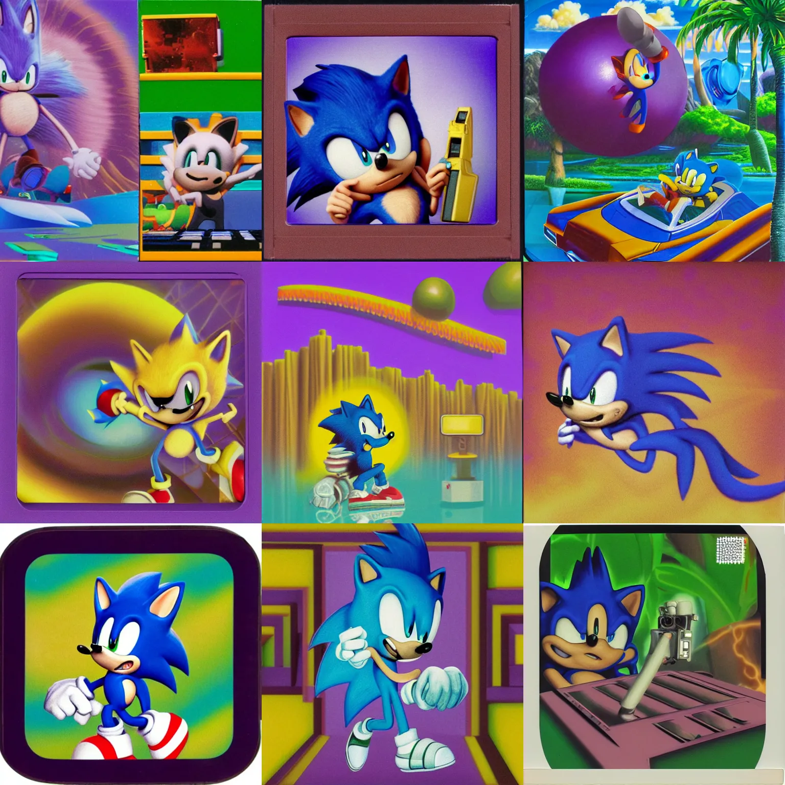 Prompt: polaroid portrait of sonic hedgehog and a matte painting landscape of a surreal, sharp, detailed professional, soft pastels, high quality airbrush art album cover of a liquid dissolving airbrush art lsd dmt sonic the hedgehog swimming through cyberspace, purple checkerboard background, 1 9 8 0 s 1 9 9 8 sega genesis rareware video game album cover