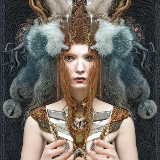 Prompt: a photograpic portrait of a anthropomorphic norse mythology mimosa, wearing furry clothes in the style of heilung an experimental folk music band, fantasy, intricate, elegant, highly detailed, digital painting, artstation, concept art, smooth, sharp focus, illustration, art by artgerm and H R Giger and alphonse mucha