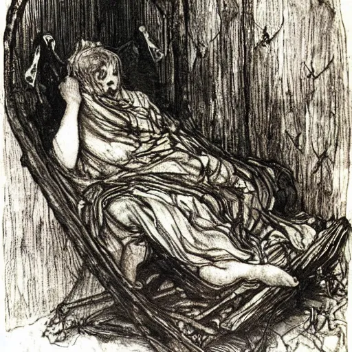 Prompt: Darkness falls again but now I know that twenty centuries of stony sleep were vexed to nightmare by a rocking cradle, painted by Arthur Rackham