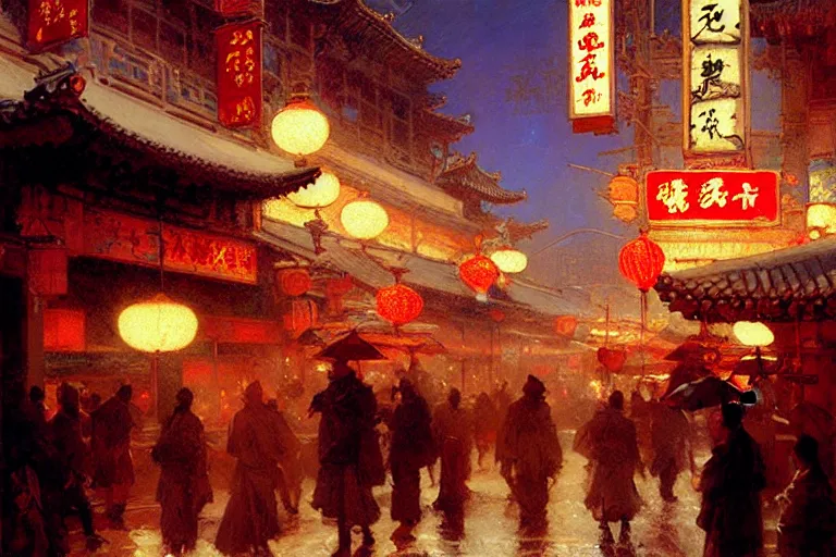Image similar to wuxia, winter, attractive male, neon light, chinatown, painting by gaston bussiere, craig mullins, j. c. leyendecker