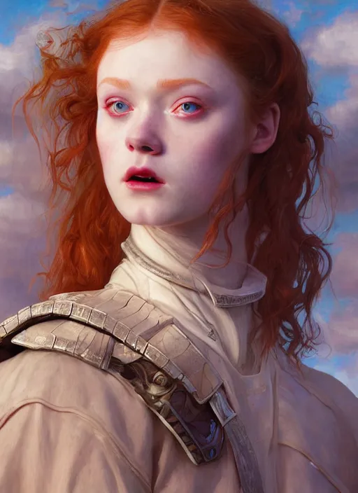 Image similar to sadie sink portrait demon half human, elegant, wearing a bomber jacket, armor, hyper realistic, whitehorns, extremely detailed, dnd character art portrait, fantasy art,, dramatic lighting, vivid colors, artstation, by edgar maxence and caravaggio and michael whelan and delacroix, lois van baarle and bouguereau