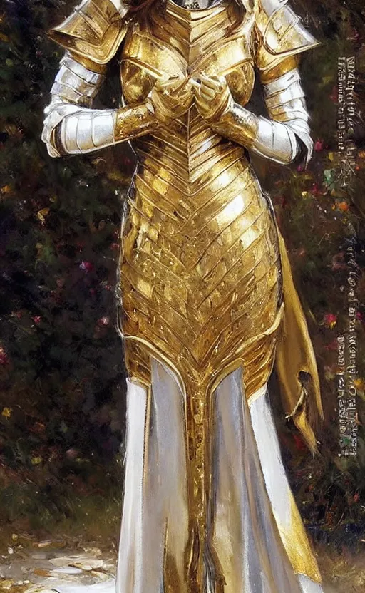 Prompt: Elegant laidy in gold and silver knight armor. By Konstantin Razumov, highly detailded