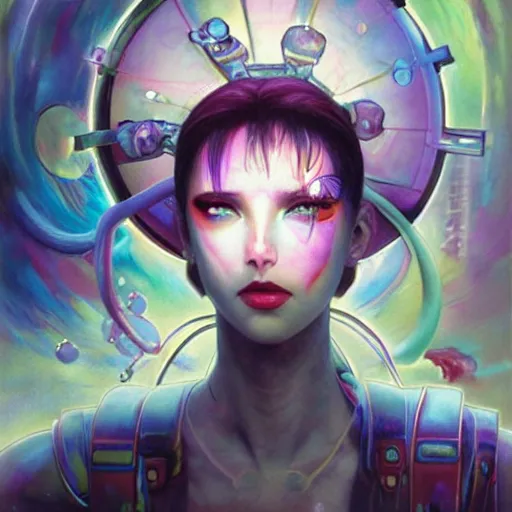 Prompt: vibrant face portrait of a diesel punk sailor moon on the art deco streets of the big city, 3 d anime, award - winning realistic sci - fi concept art by jim burns and greg rutkowski, picasso, beksinski, masterpiece, complimentary colors, james gilleard, bruegel, alphonse mucha, and yoshitaka amano