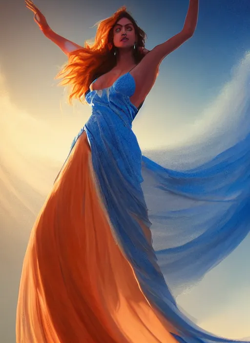 Prompt: full body portrait of beautiful goddess of mars theme inspired wearing blue and white carved details moving dress, she is floating in the air, planet mars in the background, open sky, 3 d realistic, octane render, mystical, orange fog, circle forms, iper realistic, cinematic light, paint on canvas, art by vlop