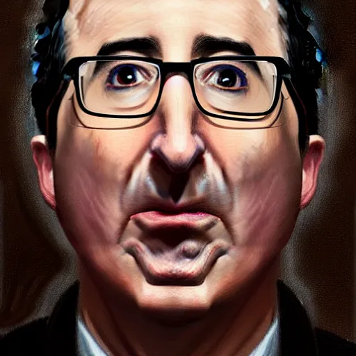 Prompt: Facial portrait. John Oliver, looking at the camera, disgusted. fear inspiring mood, intimidating, extremely detailed painting. by Greg Rutkowski and by Henry Justice Ford and by Steve Henderson.