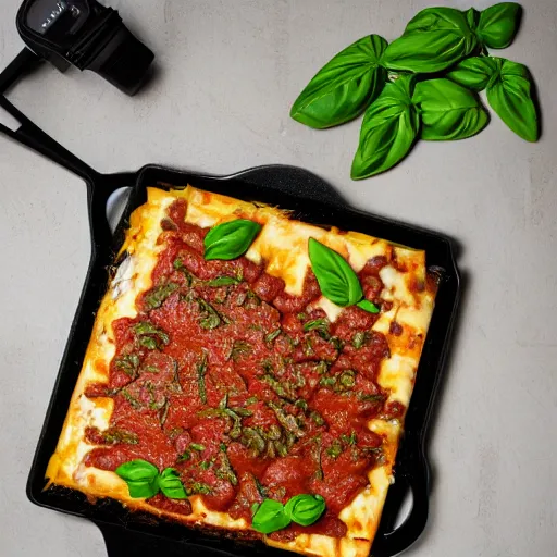 Image similar to studio photography of a platypus cooking a lasagna with three basil leaves over the lasagna