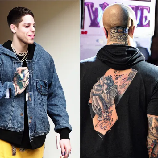 Prompt: pete Davidson with a full back tattoo of Kanye west