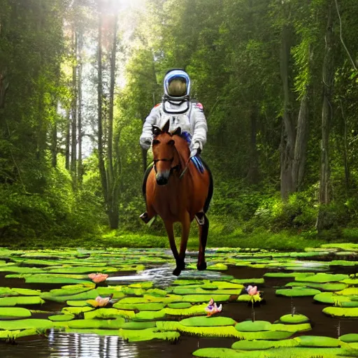 Prompt: A photo of an astronaut riding a horse in the forest. There is a river in front of them with water lilies.