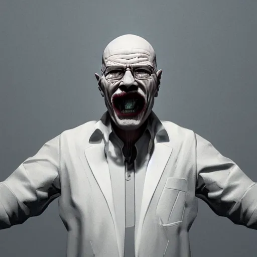 Image similar to walter white as the joker smiling, scary, trending on artstation, artstationhd, octane render, cgsociety, cinema 4 d,, greg rutkowski