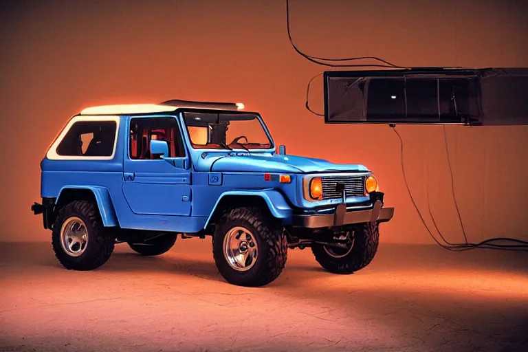 Prompt: studio photoshoot designed by giorgetto giugiaro of a single 1 9 8 8 fj 4 0 fairmont, thick neon lights, ektachrome photograph, volumetric lighting, f 8 aperture, cinematic eastman 5 3 8 4 film