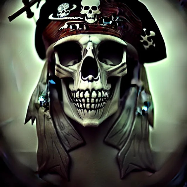 Prompt: photo of a skeletal pirate ghost head and torso with a tricorne hat and sword, photorealistic, dark, atmospheric lighting, painted, intricate, ultra detailed, well composed, best on artstation, cgsociety, epic, stunning, gorgeous, intricate detail, wow, masterpiece