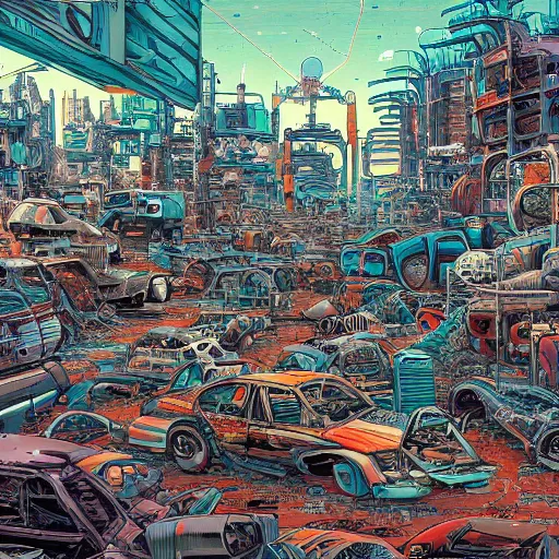 Prompt: hyper detailed comic illustration of a cyberpunk junk yard with abandoned rockets and broken cars, by Josan Gonzalez and James Jean, intricate details, vibrant, solid background, panoramic high level view