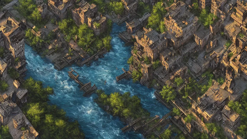 Image similar to a Photorealistic hyperrealistic render of a birdseye view looking down at a shadycreek run, a medieval town, dungeons and dragons, by Greg Rutkowski,Vitaly Bugarov,Stephan Martiniere,Nicolas Bouvier SPARTH,James Paick,dramatic moody sunset lighting,long shadows,Volumetric, cinematic atmosphere, Octane Render,Artstation,8k