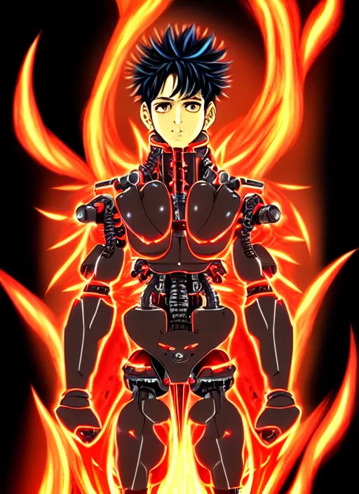 Image similar to a detailed manga full body portrait illustration of a dark haired cyborg anime man surrounded by fire by hirohiko araki, detailed artwork, realism, 4 k resolution, detailed, high quality, sharp focus, hq artwork, insane detail, volumetric lighting, character concept art, fine details, clear subject, central subject