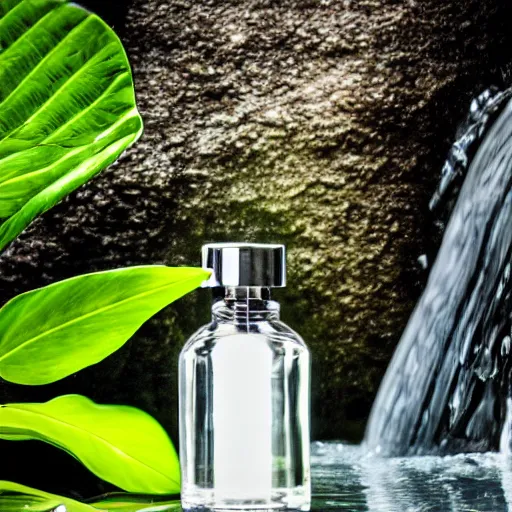 Image similar to perfume bottle sitting on a small clear tropical waterfall, close up shot, upfront, surrounded by tropical leaves, blurred tropical background, softly - lit, soft - warm, zen, light, modern minimalist f 2 0 clean