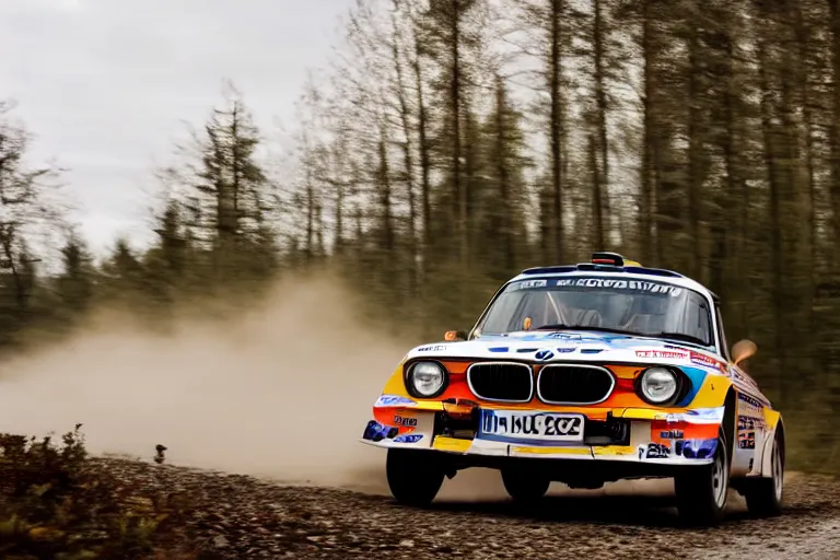 Prompt: A BMW 2002 rally car driving past a swedish village in the woods, high-speed sports photography