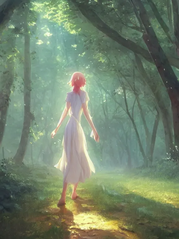 Image similar to an angel walking through a forest, holy aura. 8 k, octane render. by makoto shinkai, stanley artgerm lau, wlop, rossdraws, james jean, andrei riabovitchev, marc simonetti, krenz cushart, sakimichan, d & d trending on artstation, digital art.