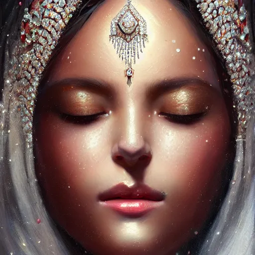 Prompt: a beautiful portrait of a diamond goddess with glittering skin and closed eyes, jewel between her forehead, a detailed painting by greg rutkowski and raymond swanland, featured on cgsociety, fantasy art, detailed painting, artstation hd, photorealistic