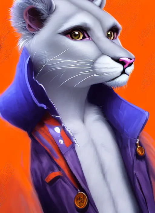 Prompt: award winning beautiful portrait commission of a male furry anthro albino mountain lion fursona with a tail and a cute beautiful attractive detailed furry face wearing stylish blue and orange rockstar clothes in a cyberpunk city at night while it rains. Character design by charlie bowater, ross tran, artgerm, and makoto shinkai, detailed, inked, western comic book art