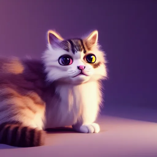 Image similar to high quality 3 d render very cute fluffy cat with big eyes highly detailed, unreal engine cinematic smooth, with rim light, low angle, uhd 8 k, sharp focus