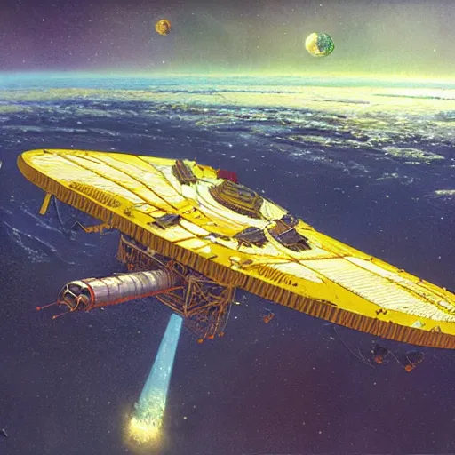 Prompt: scout spaceship with 100-ton hull used for exploration survey and courier duties, peter elson, chris foss, john berkey, tony roberts, jim burns, don davis, impressionism