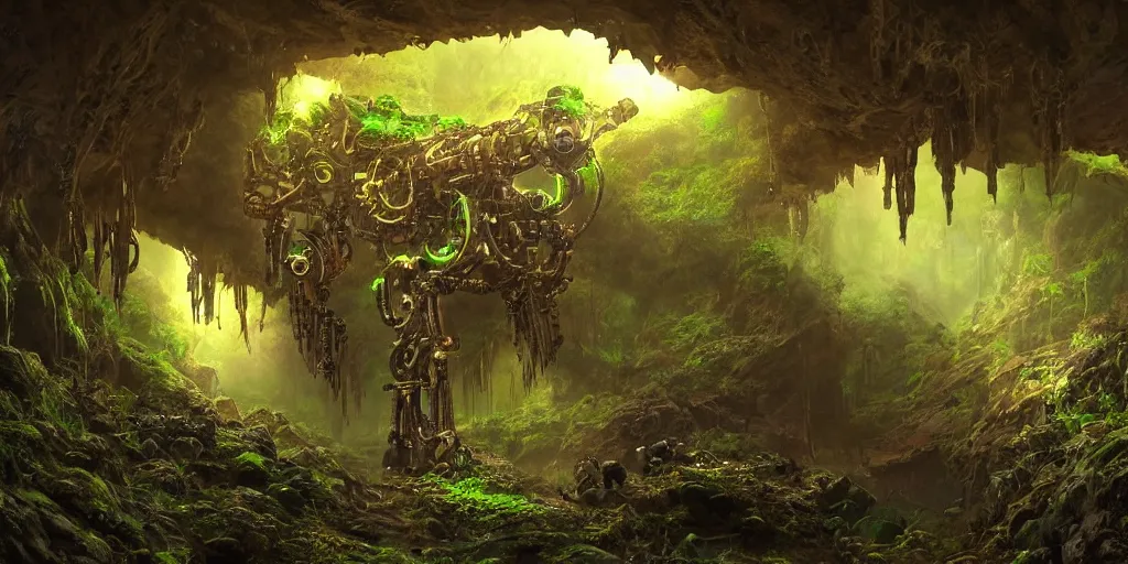 Prompt: magnificent mechanical steampunk robotlike creature looking eerily into a cave entrance with lush vegetation and mystical (((glowing algae))) in the sunset, light coming through from holes in the ceiling, desaturated, creepy ambiance, dangerous, sharp focus, highly detailed, artgerm