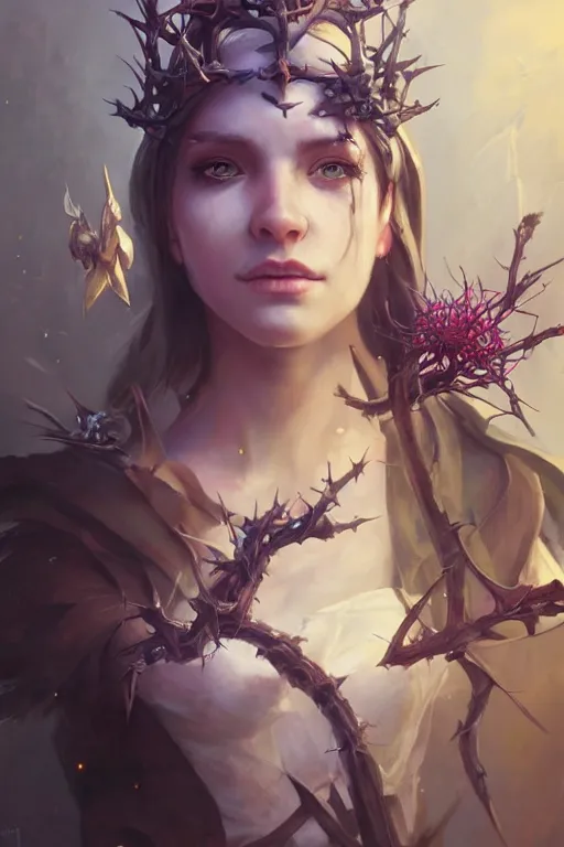 Image similar to portrait of cute gith maiden girl with crown of thorns and white hairs, warhammer, cyberpunk, 3 d render, hyper realistic detailed portrait, holding magic flowers, scifi, fantasy, hyper detailed, octane render, concept art, peter mohrbacher, artgerm, ruan jia, wlop