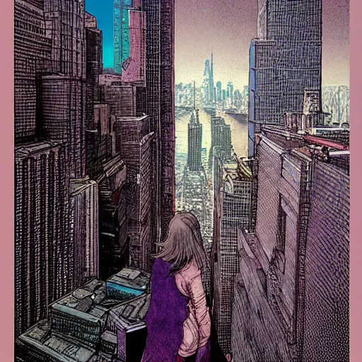 Image similar to “ a girl on a ledge overlooking futuristic new york city, ghostpunk, dark rain clouds, extreme detail, by moebius ”