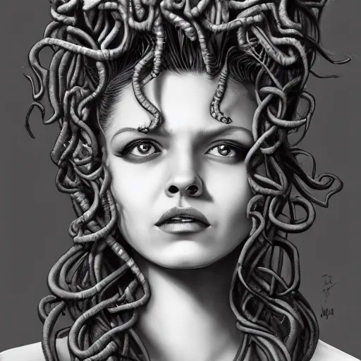 Image similar to medusa portrait painting, black and white, wicked grin, artstation, detailed, blurred background