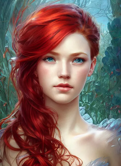 Image similar to beautiful head and shoulders portrait of a fairy mermaid with red hair, casual clothing, intricate, elegant, highly detailed, digital painting, beautiful highly detailed face, artstation, concept art, smooth, sharp, focus, illustration, art by artgerm and greg rutkowski and alphonse mucha